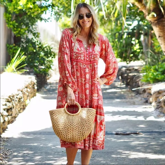 Poinciana Cherry Boho Gypsy Cotton Dress - Picture 5 of 8